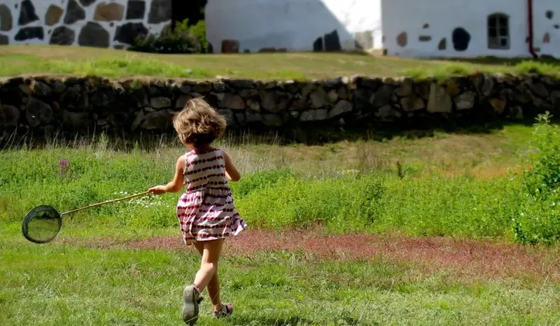 En flicka springer med en fjärilshåv i gräset.