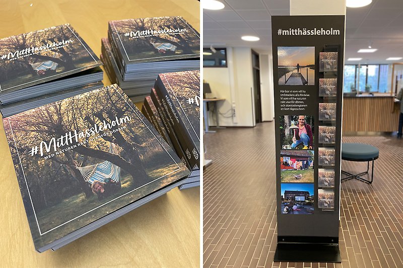 Två foton som visar MittHässleholmsboken samt bokstället.